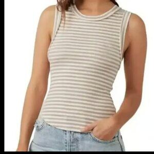 FREE PEOPLE KATE STRIPED TANK RIBBED CREW NEW IVORY TAN MAUVE S
